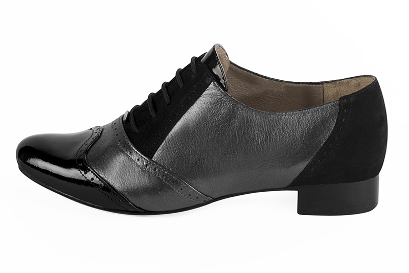 Gloss black and dark silver women's fashion lace-up shoes. Round toe. Flat leather soles. Profile view - Florence KOOIJMAN